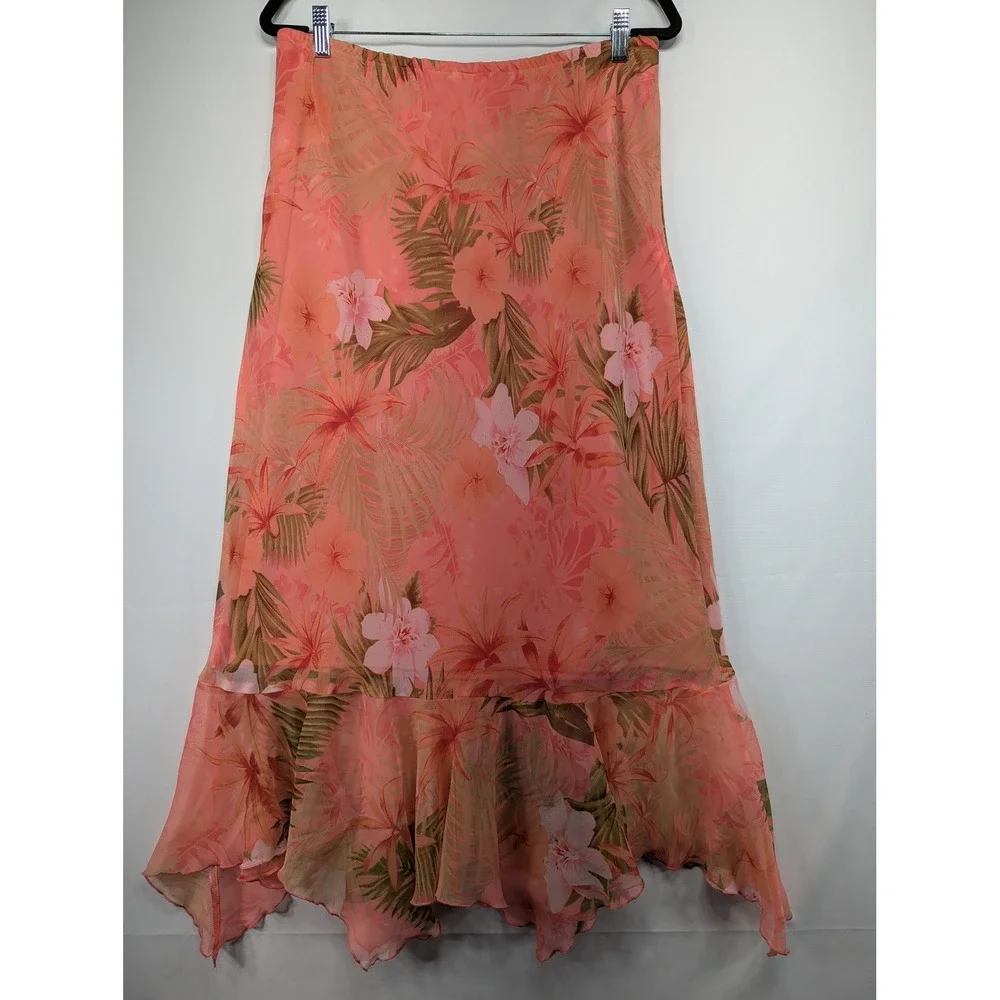 Miss Dorby Vintage Tropical Floral 2 Piece Set Cowl Neck Top Maxi Skirt Coral 12
